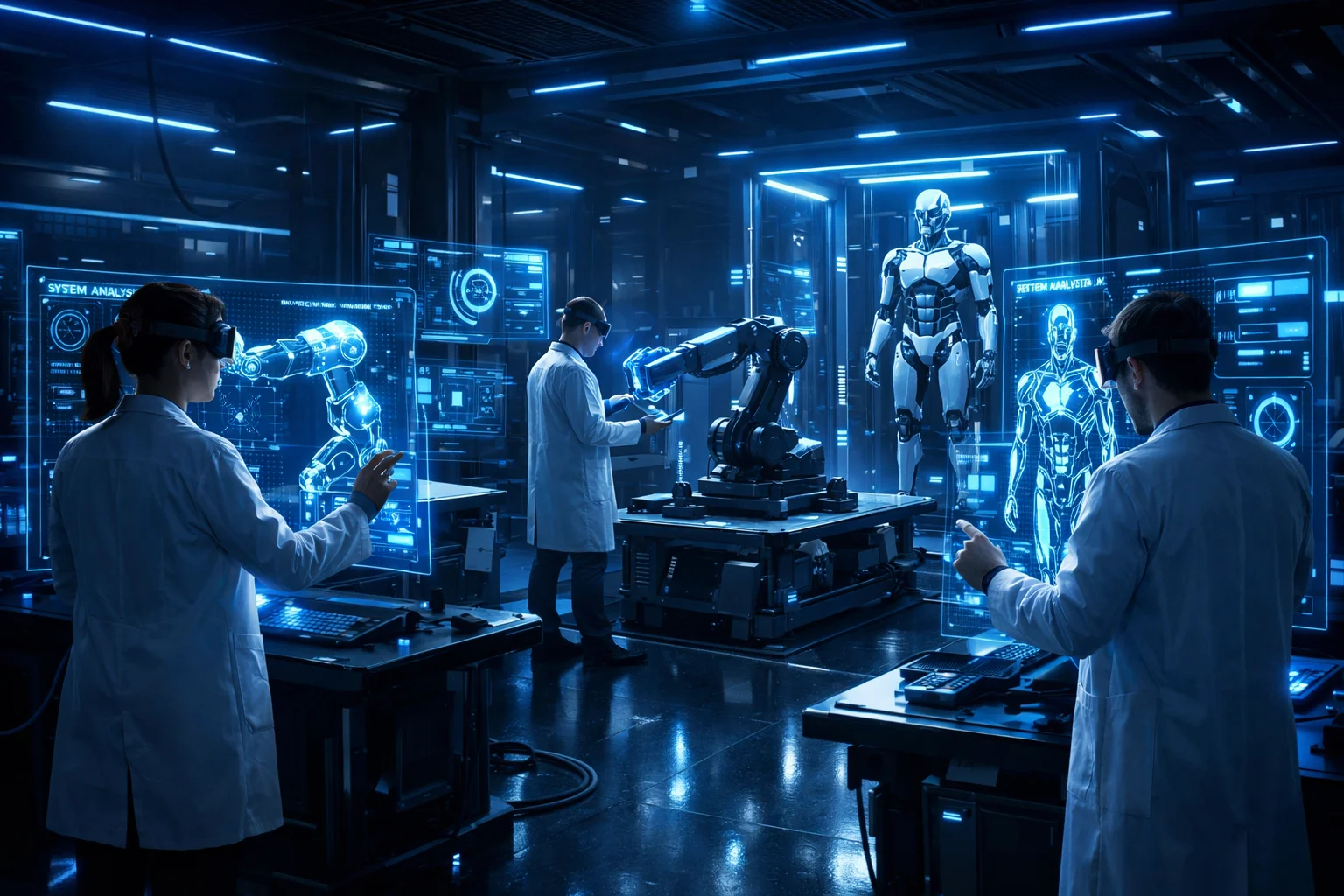 Engineers working in advanced R&D laboratory with holographic displays and robotic systems