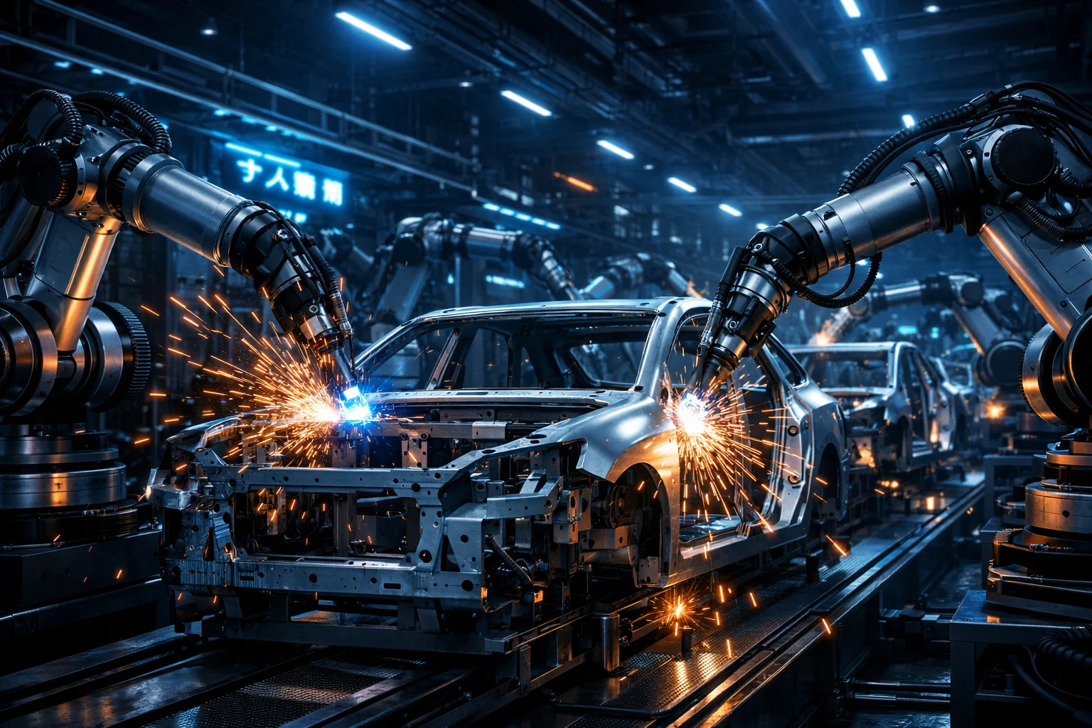 Robotic welding arms assembling car body frames in automated automotive manufacturing facility