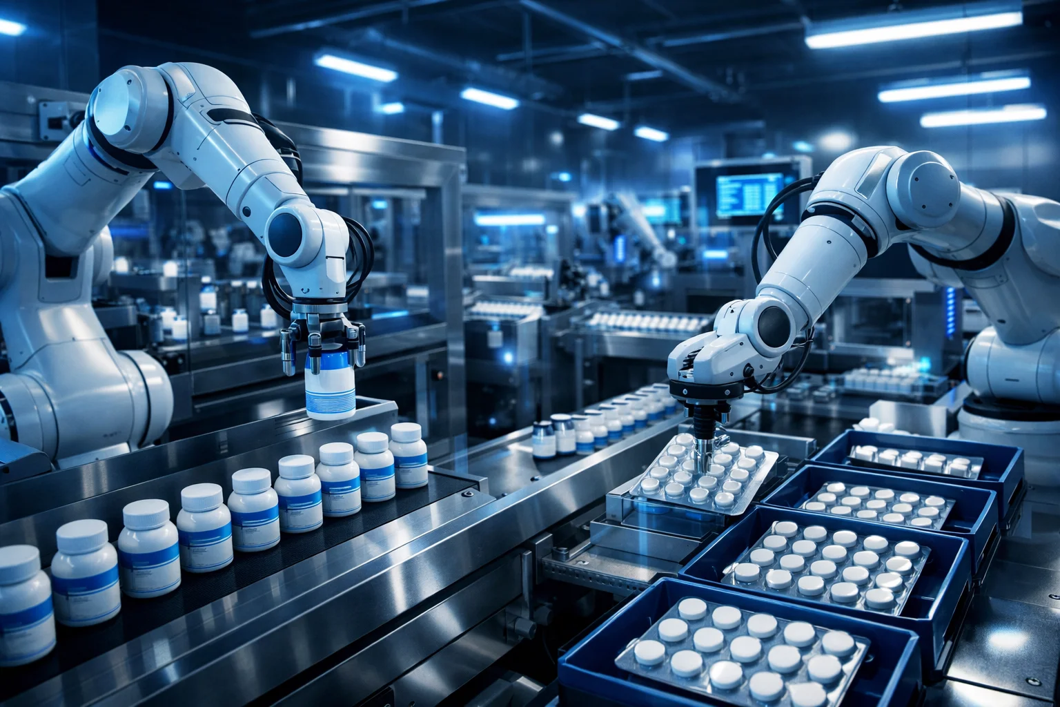 Robotic arms handling pharmaceutical containers in sterile automated packaging facility