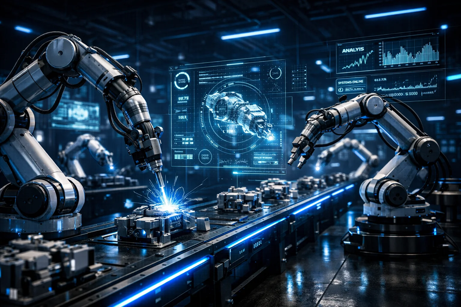 Automated assembly line with synchronized robotic arms performing precision welding and assembly operations