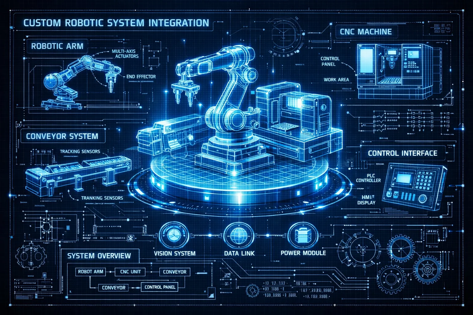 Technical blueprint showing custom robotic system integration with CNC machines, conveyor systems, and control interfaces